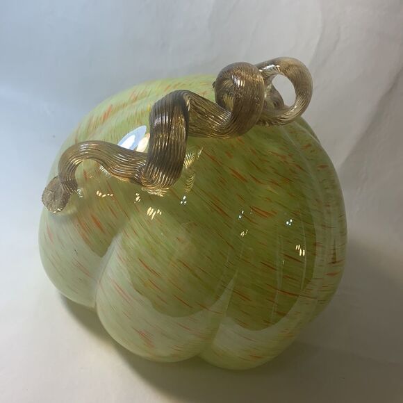 Vintage Art Glass Pumpkin Hand Blown Orange Green Applied Stem Collector Holiday - Picture 3 of 9